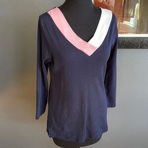 Nautica navy colorblock overlapping pink/white V neck stretch jersey top. Medium